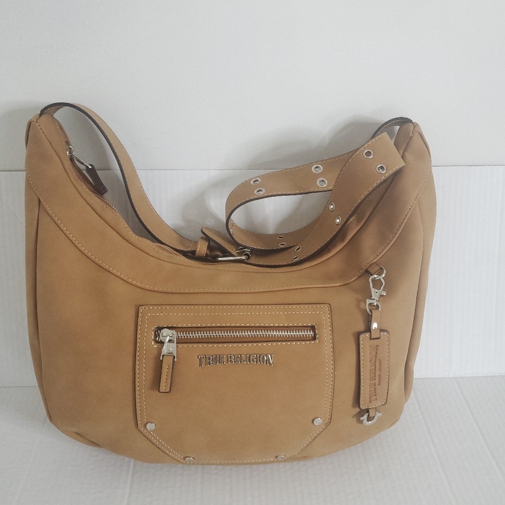 True Religion Suede PU Hobo Crossbody Bag Tan Adjustable Strap Zip Top Y2k Urban - Picture 2 of 15